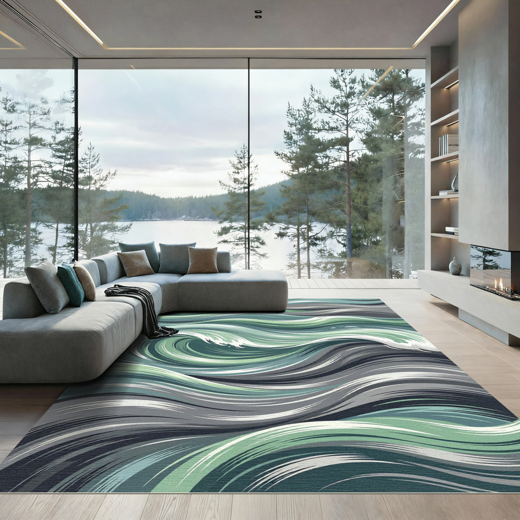 Sage and Slate Abstract Ocean Wave Rug