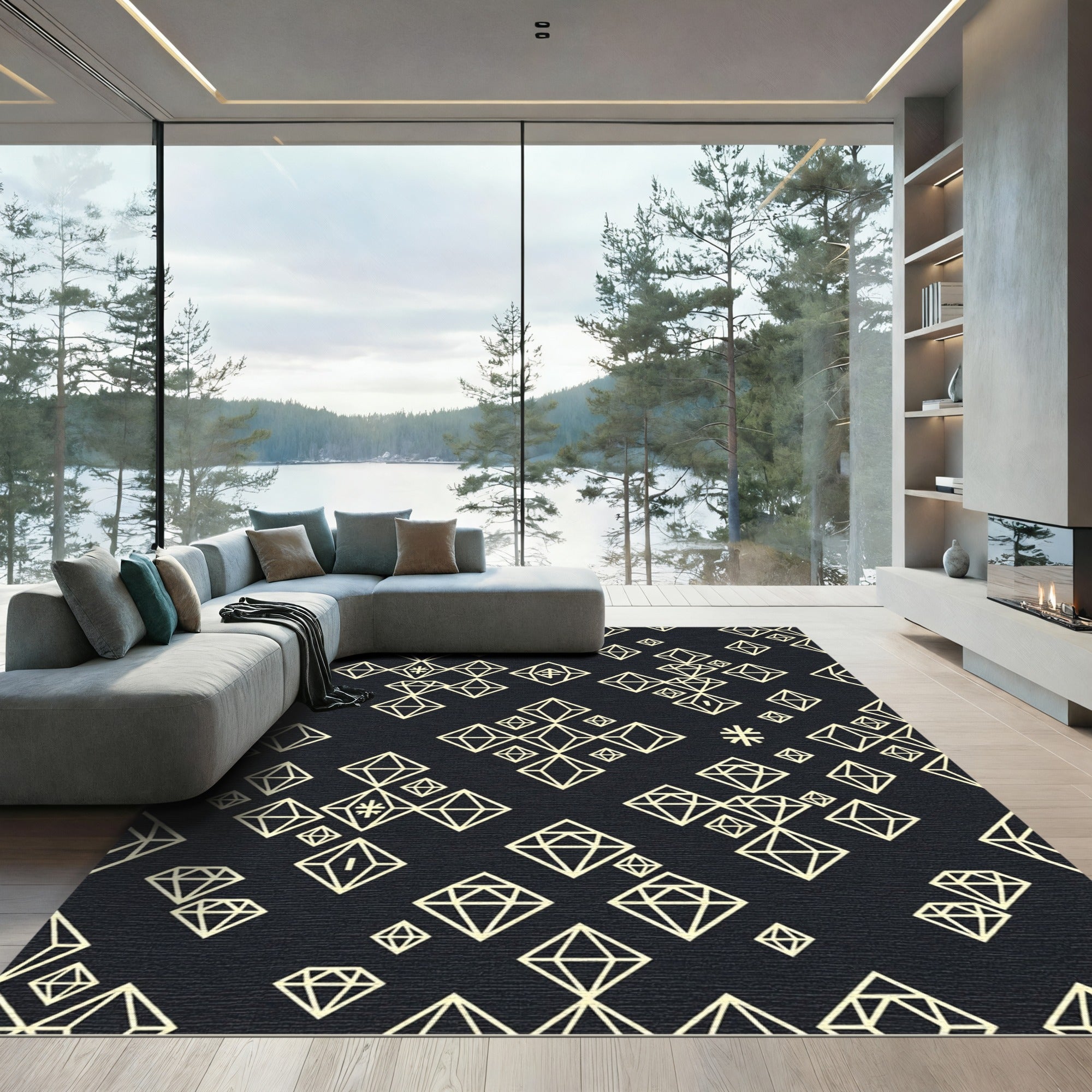 Cream Diamond Tessellation Dark Background Rug