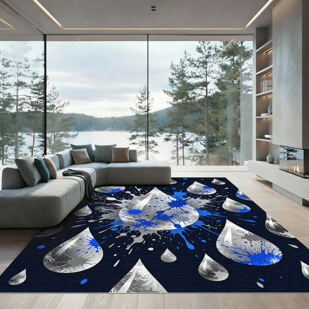 Silver Metallic Rain Blue Ink Splash Rug