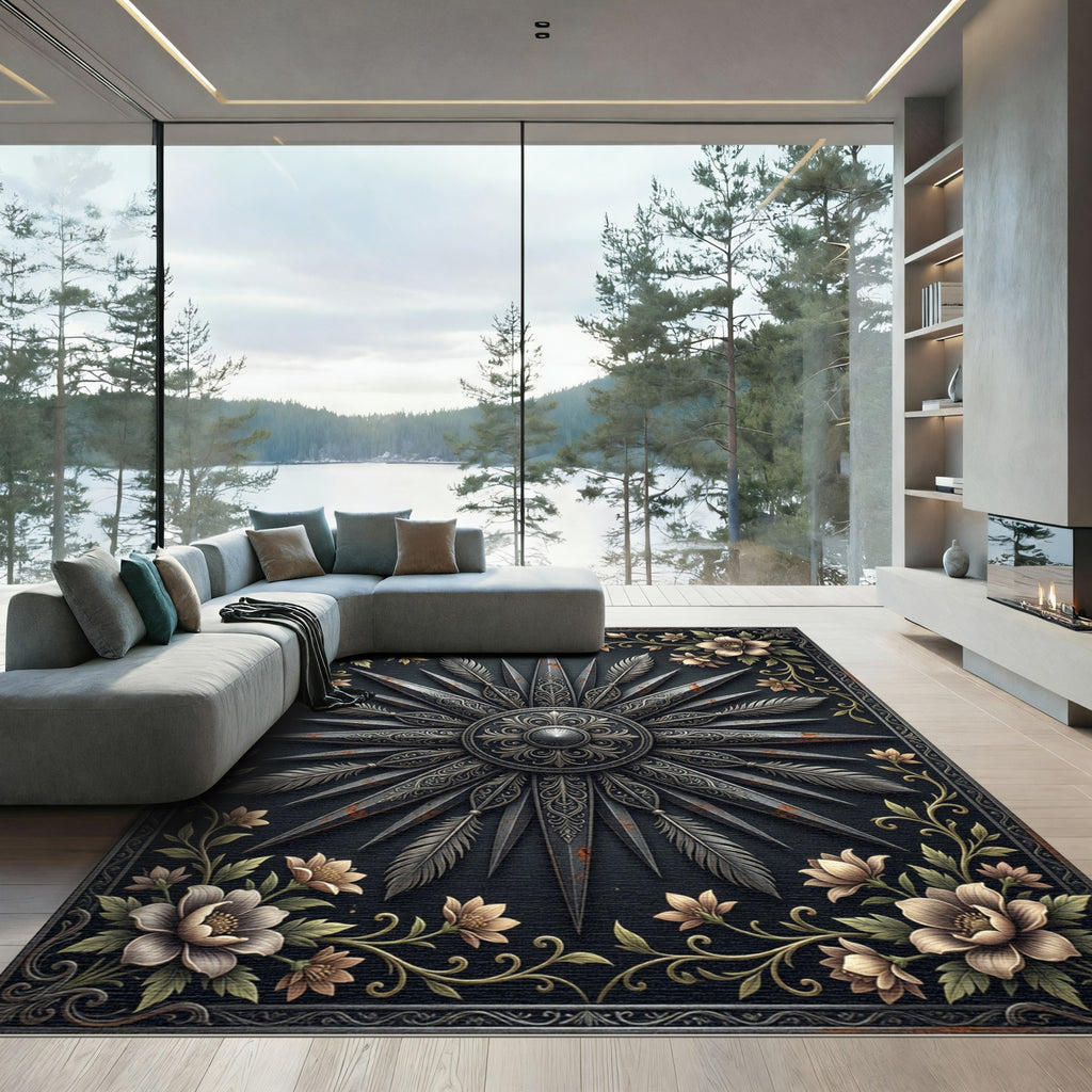 Ornate Charcoal Flower Feather Emblem Rug