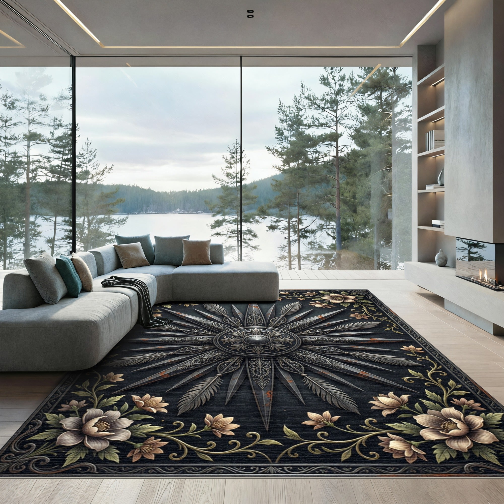 Ornate Charcoal Flower Feather Emblem Rug