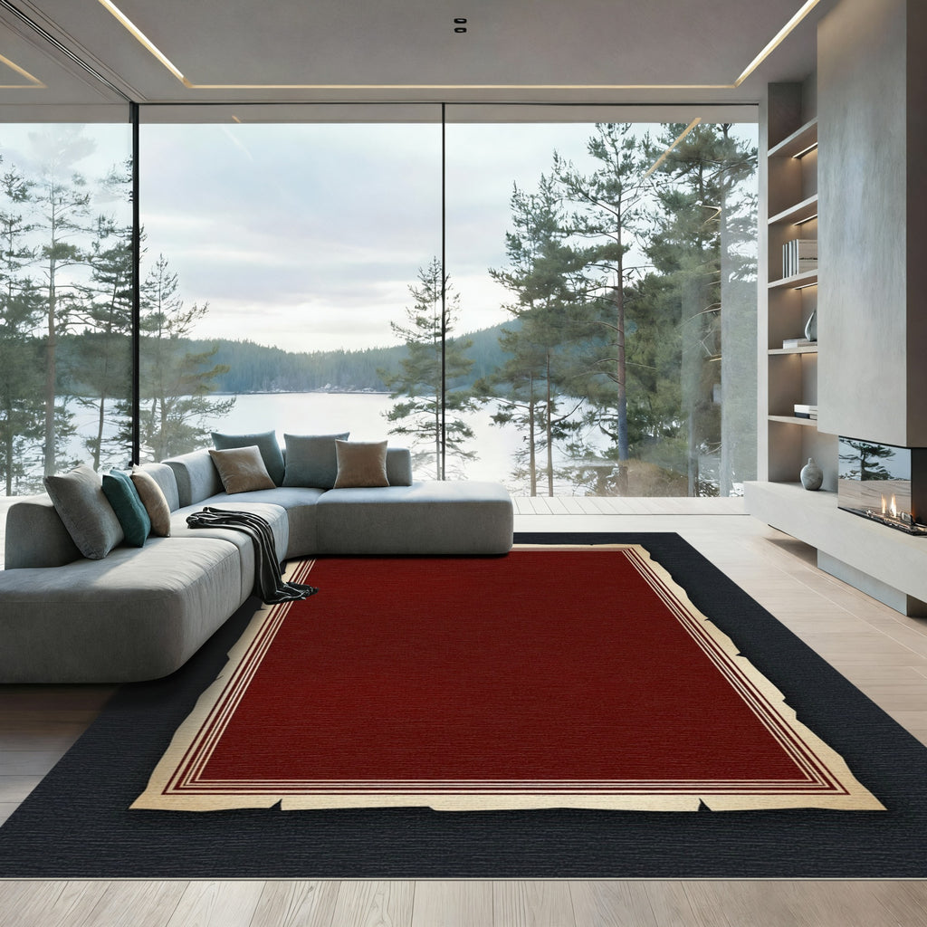 Deep Crimson Bordered Parchment Rug
