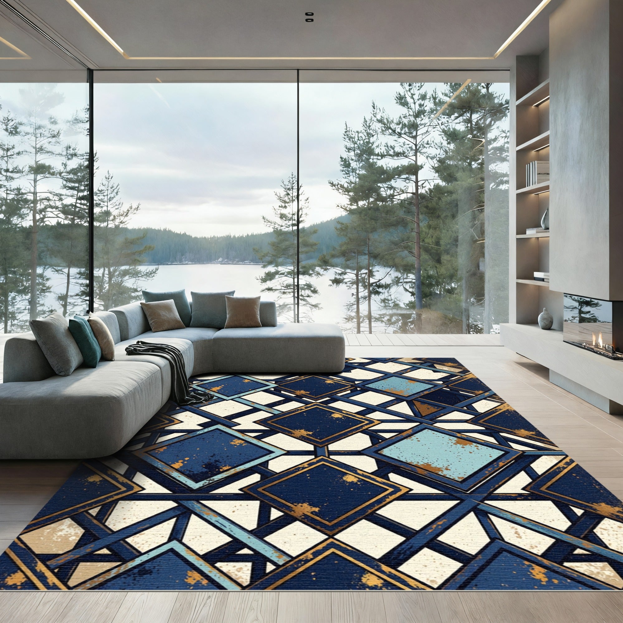 Geometric Art Deco Navy Gold Tile Rug