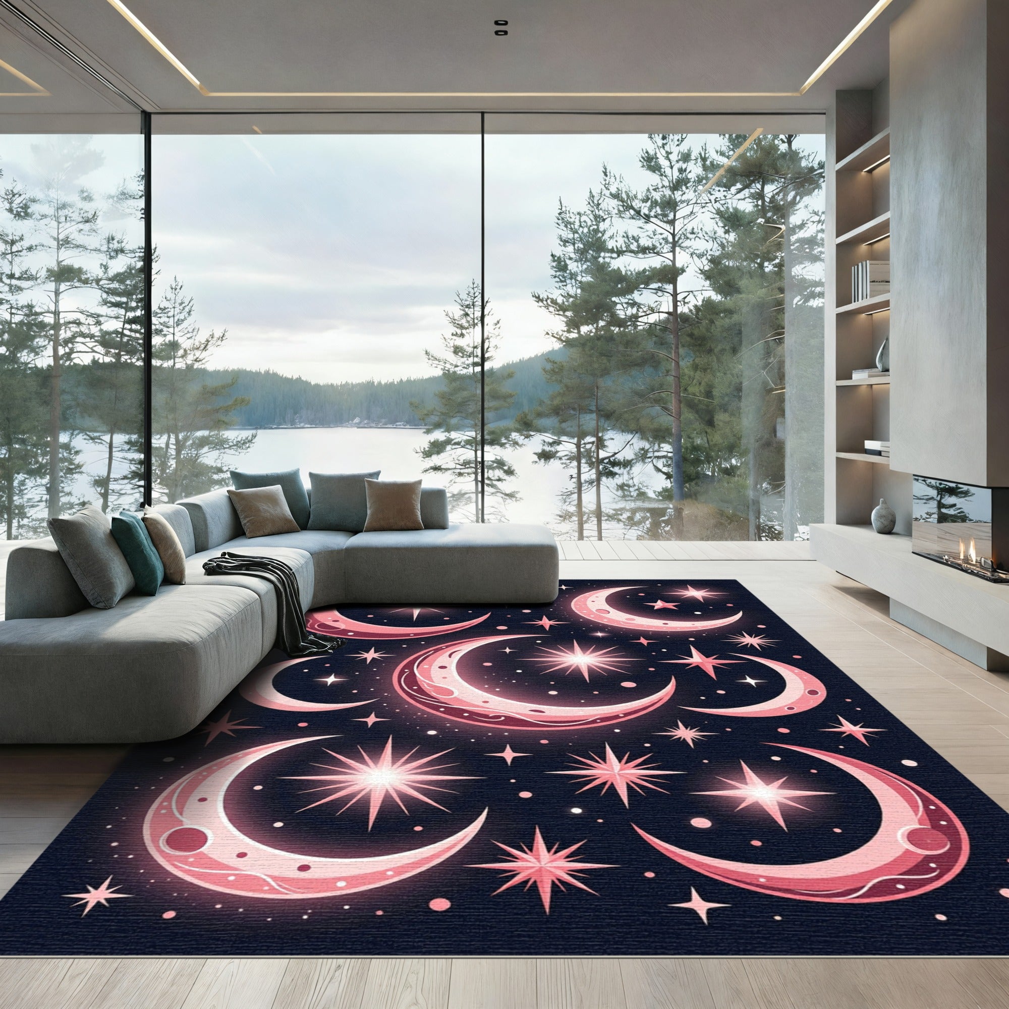 Pink Celestial Crescent Moon Star Rug