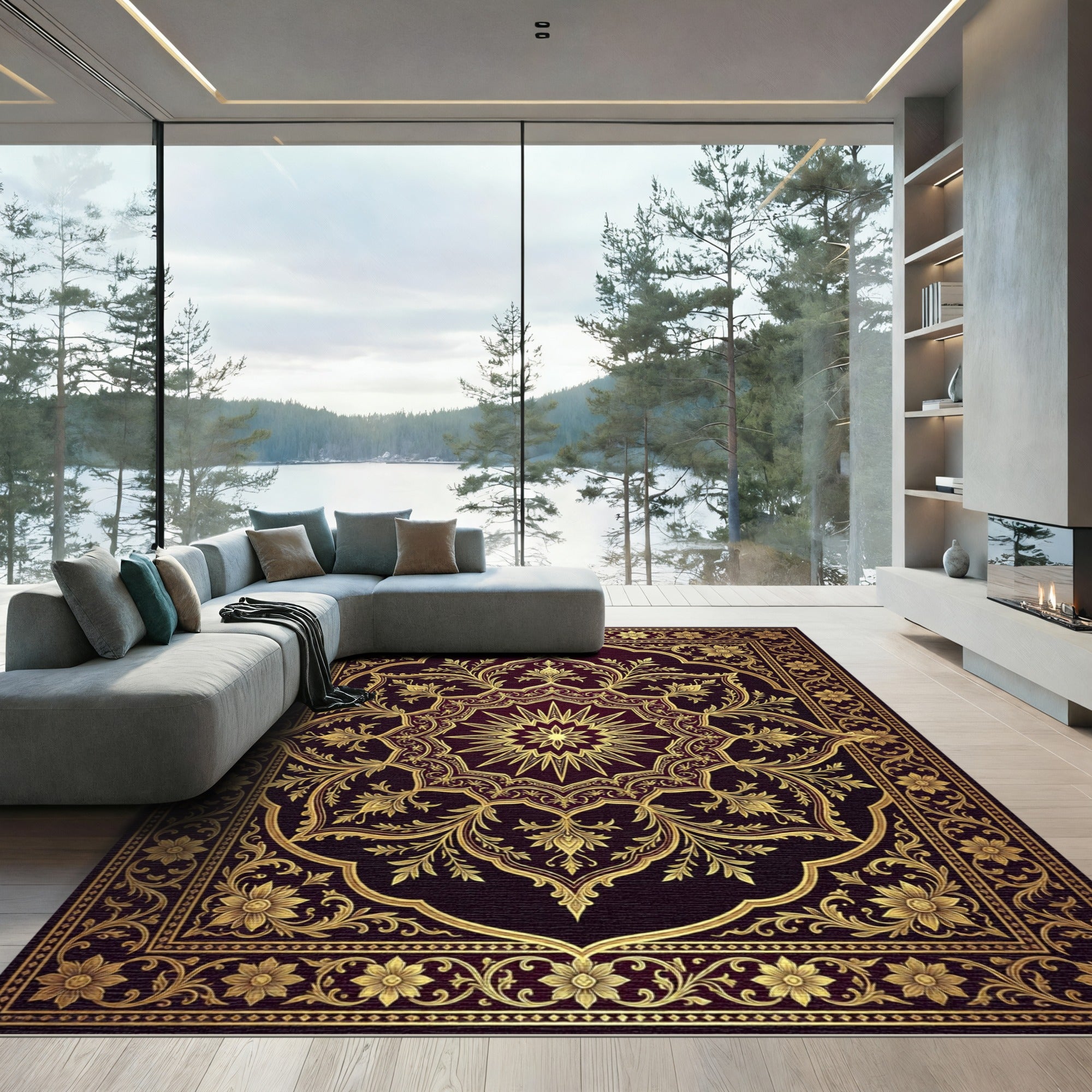 Ornate Crimson And Gold Mandala Rug