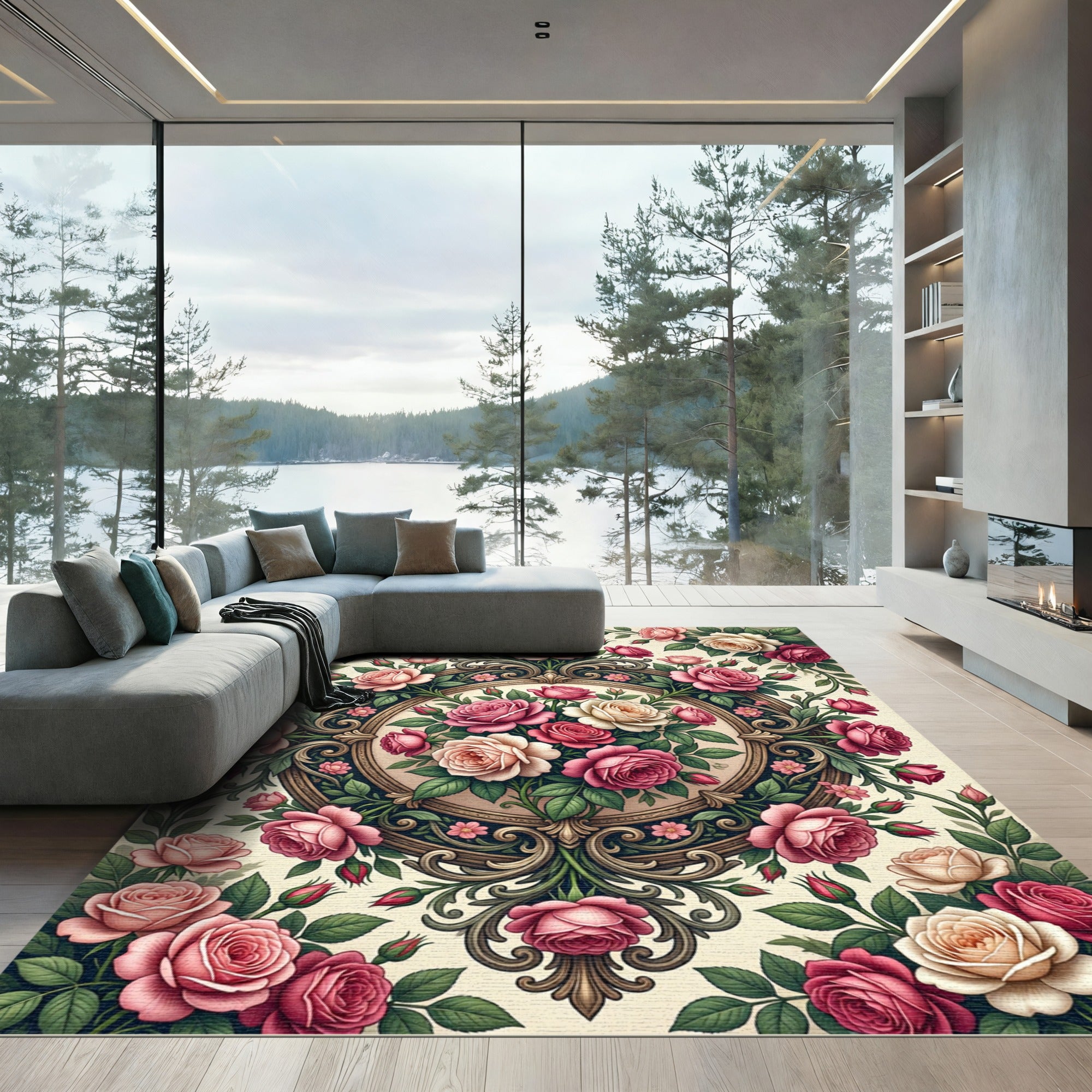 Romantic Pink Rose Filigree Medallion Rug