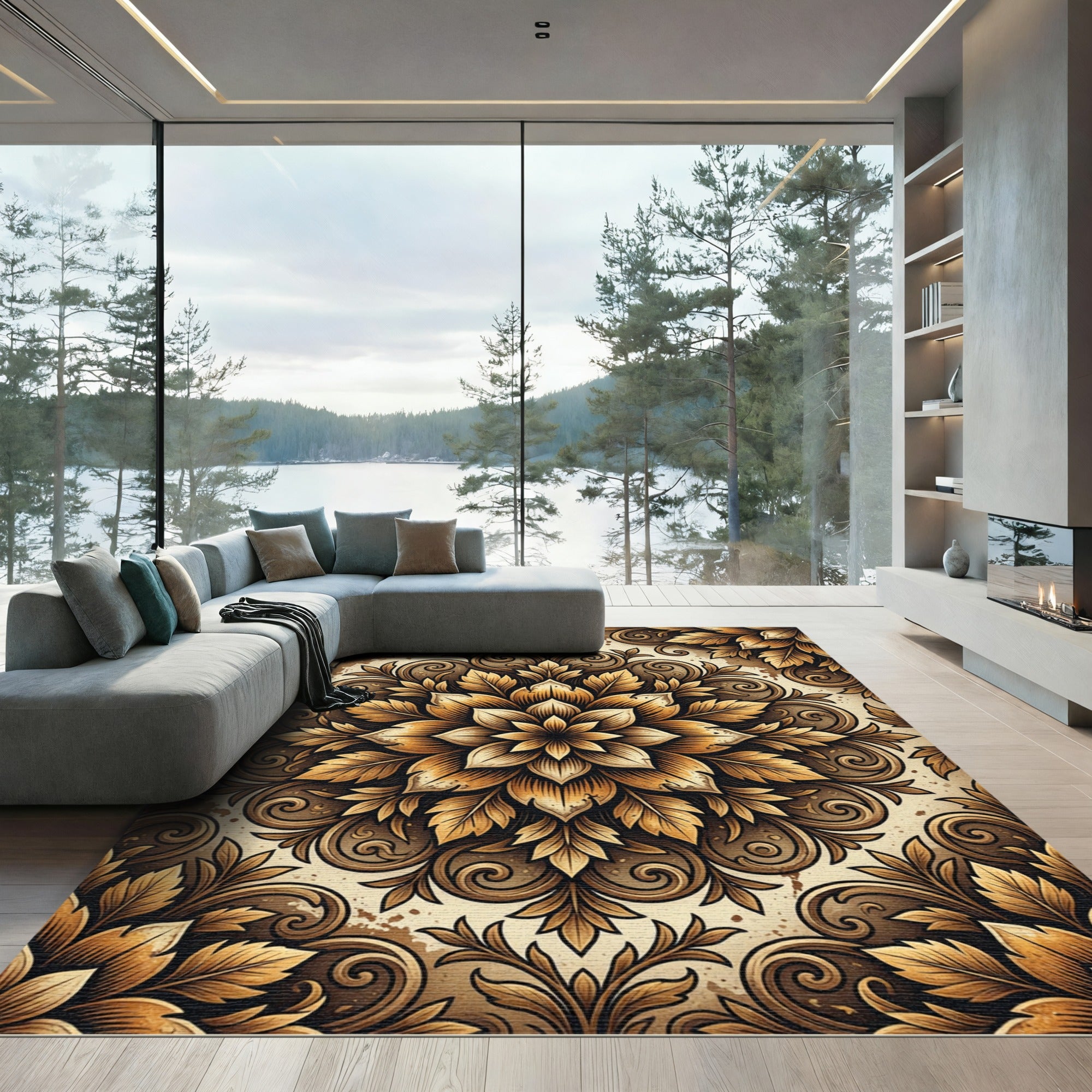 Golden Baroque Floral Damask Medallion Rug