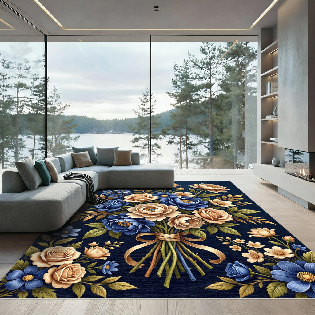 Elegant Navy Floral Bouquet Illustration Rug