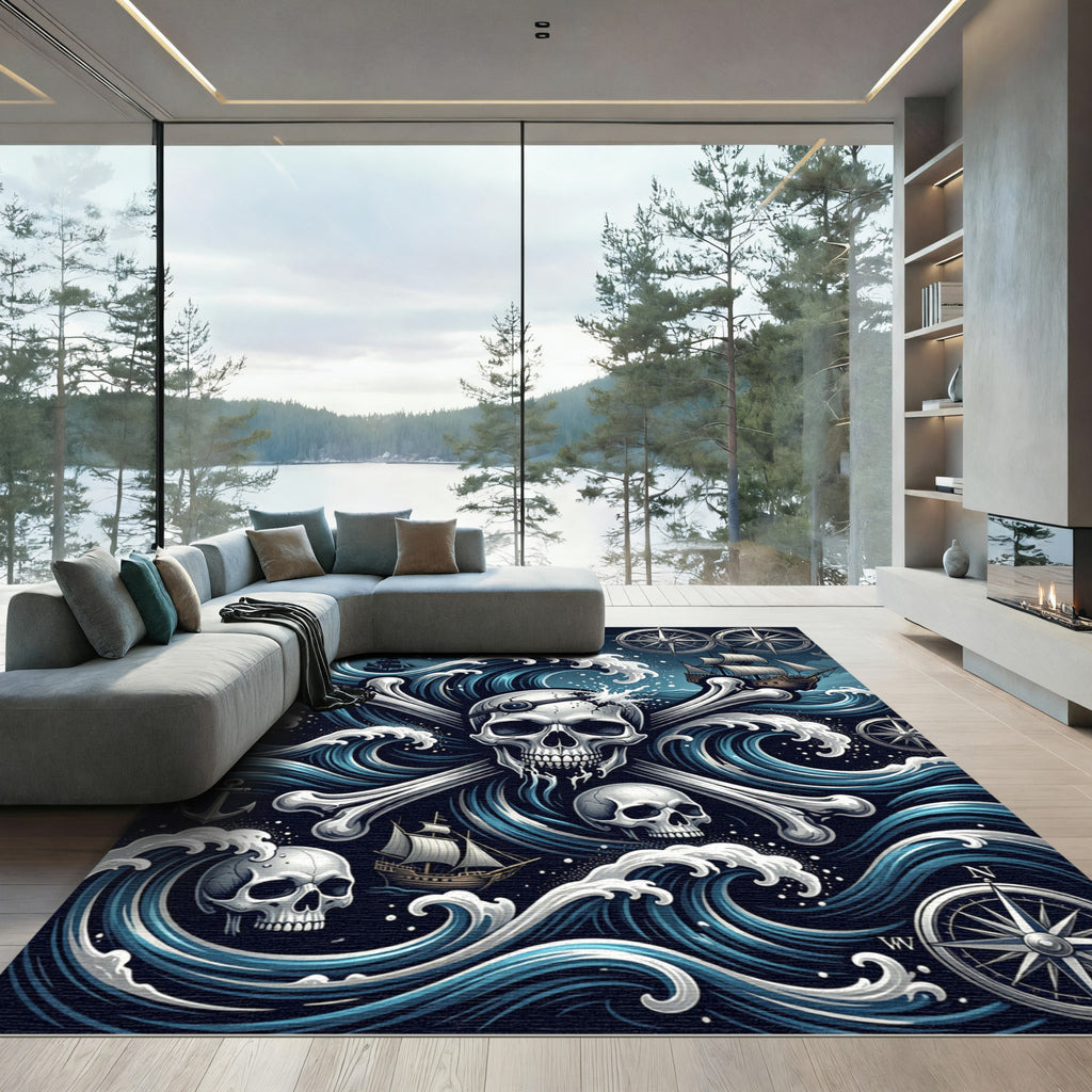 Nautical Pirate Skull Blue Ocean Art Rug