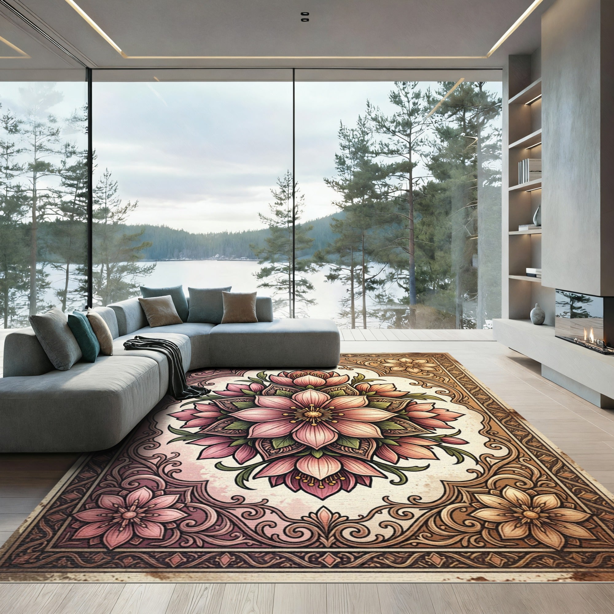 Pink Floral Arrangement Vintage Frame Rug
