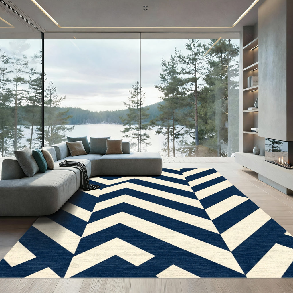 Navy Blue Geometric Chevron Zigzag Rug
