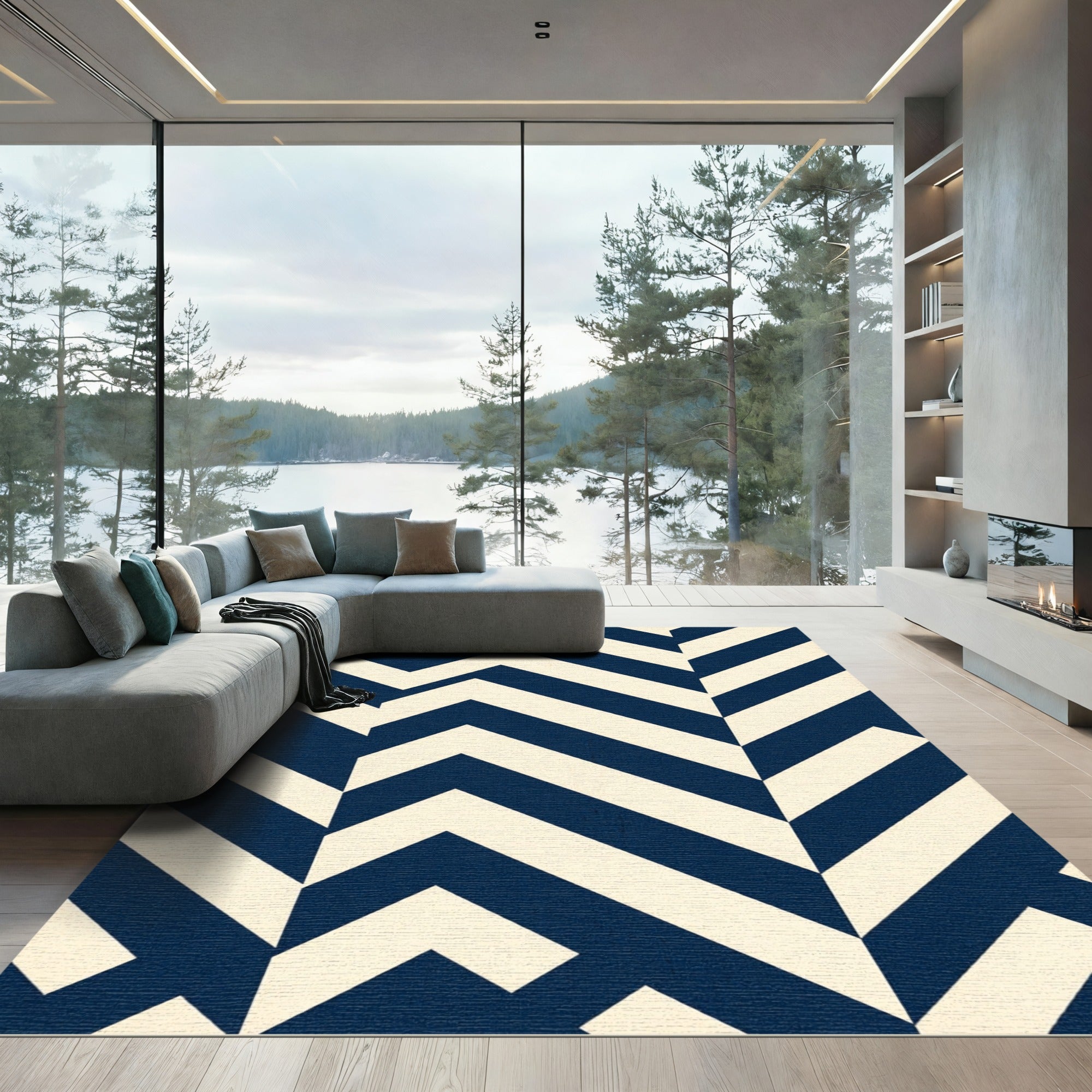 Navy Blue Geometric Chevron Zigzag Rug