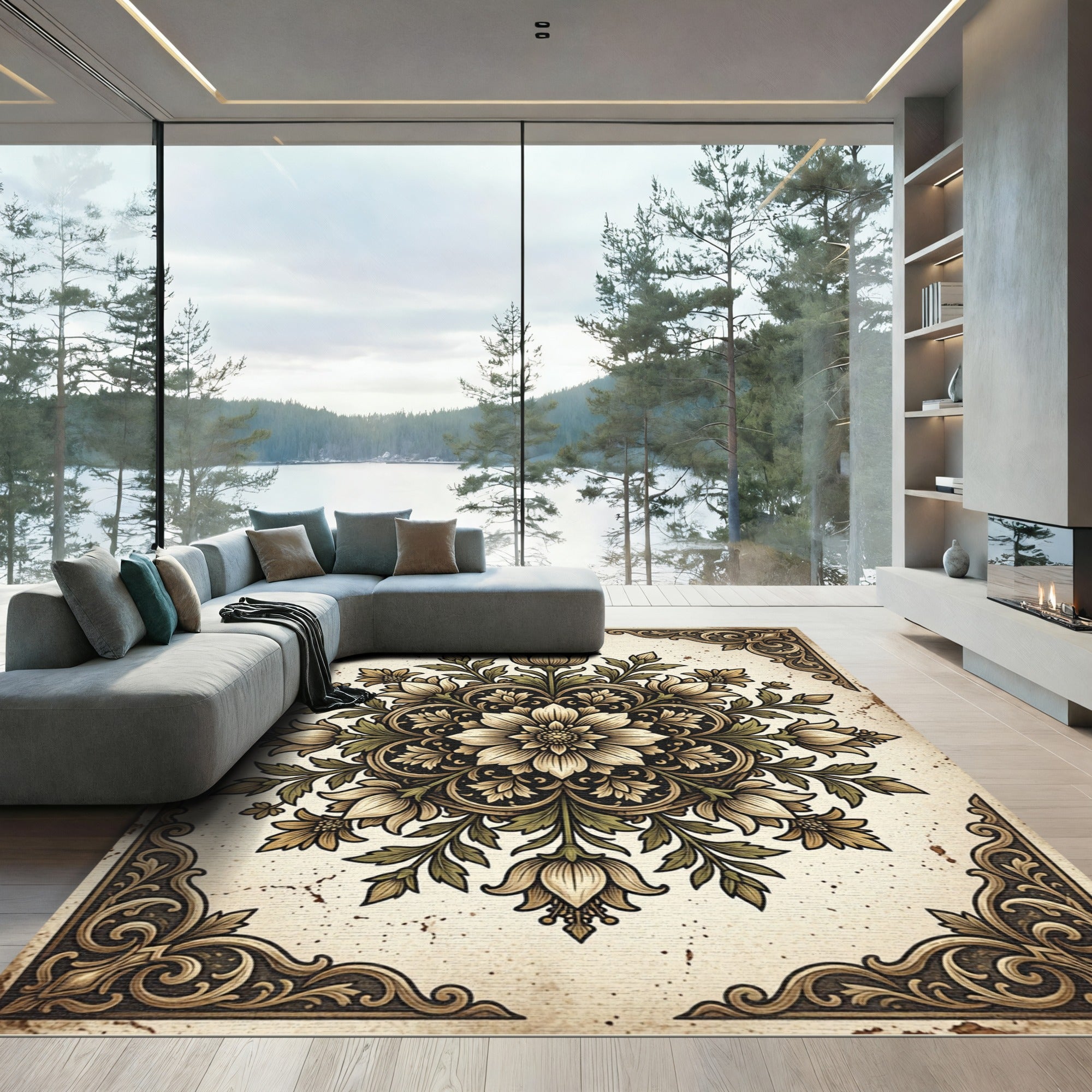 Vintage Neutral Floral Medallion Illustration Rug