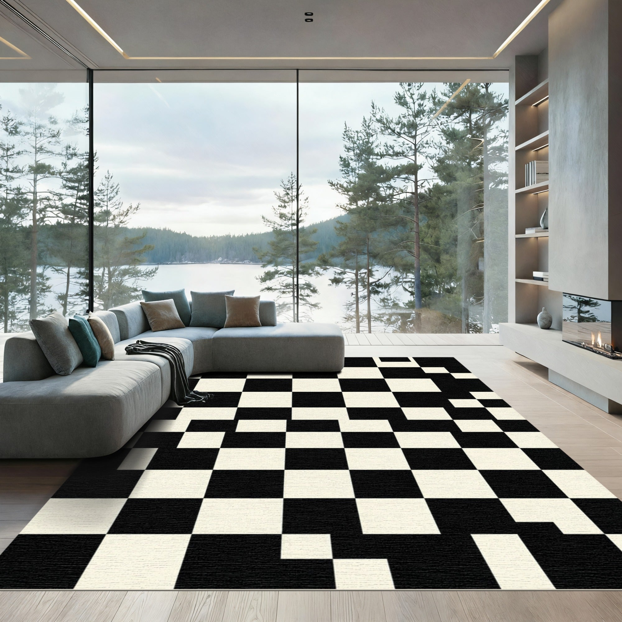 Modern Abstract Monochrome Checkerboard Art Rug