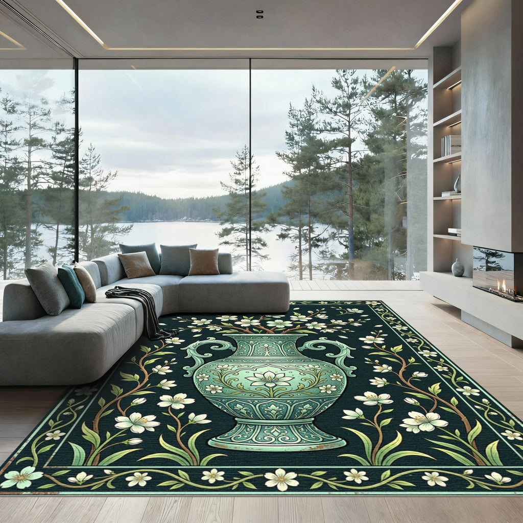 Elegant Teal Floral Vase Ceramic Art Rug