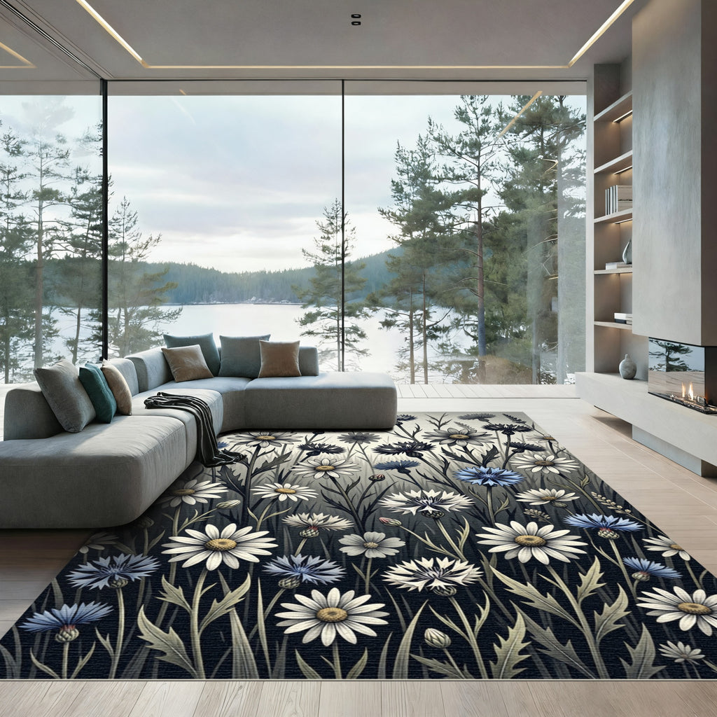 White Blue Wildflower Meadow Composition Rug