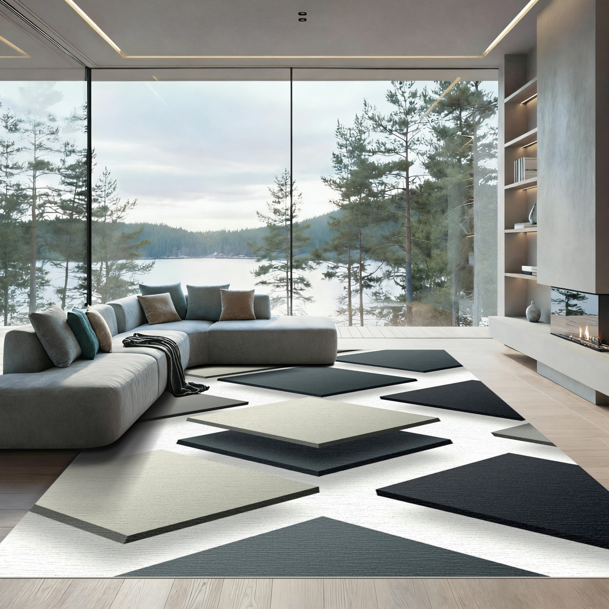 Minimalist Monochrome Geometric Floating Square Rug
