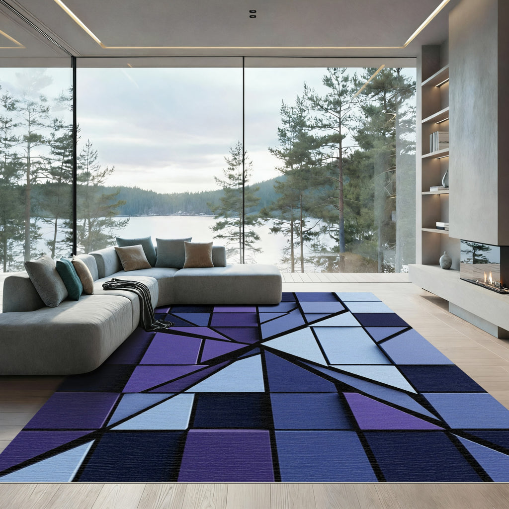 Modern Indigo Geometric Square Block Rug