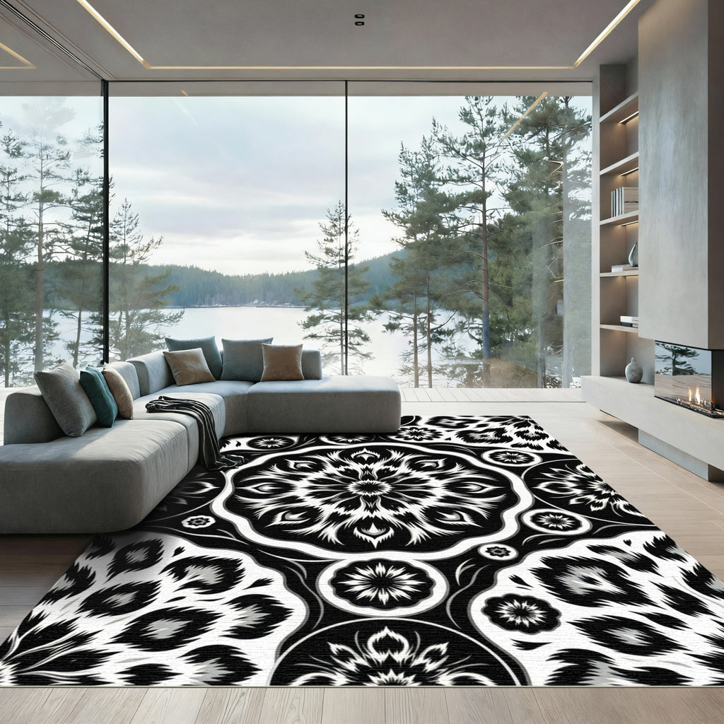 Monochromatic Black White Floral Medallion Rug