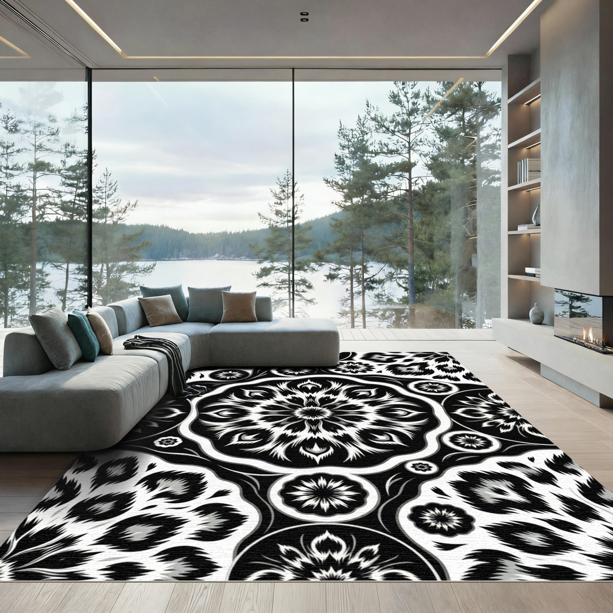 Monochromatic Black White Floral Medallion Rug