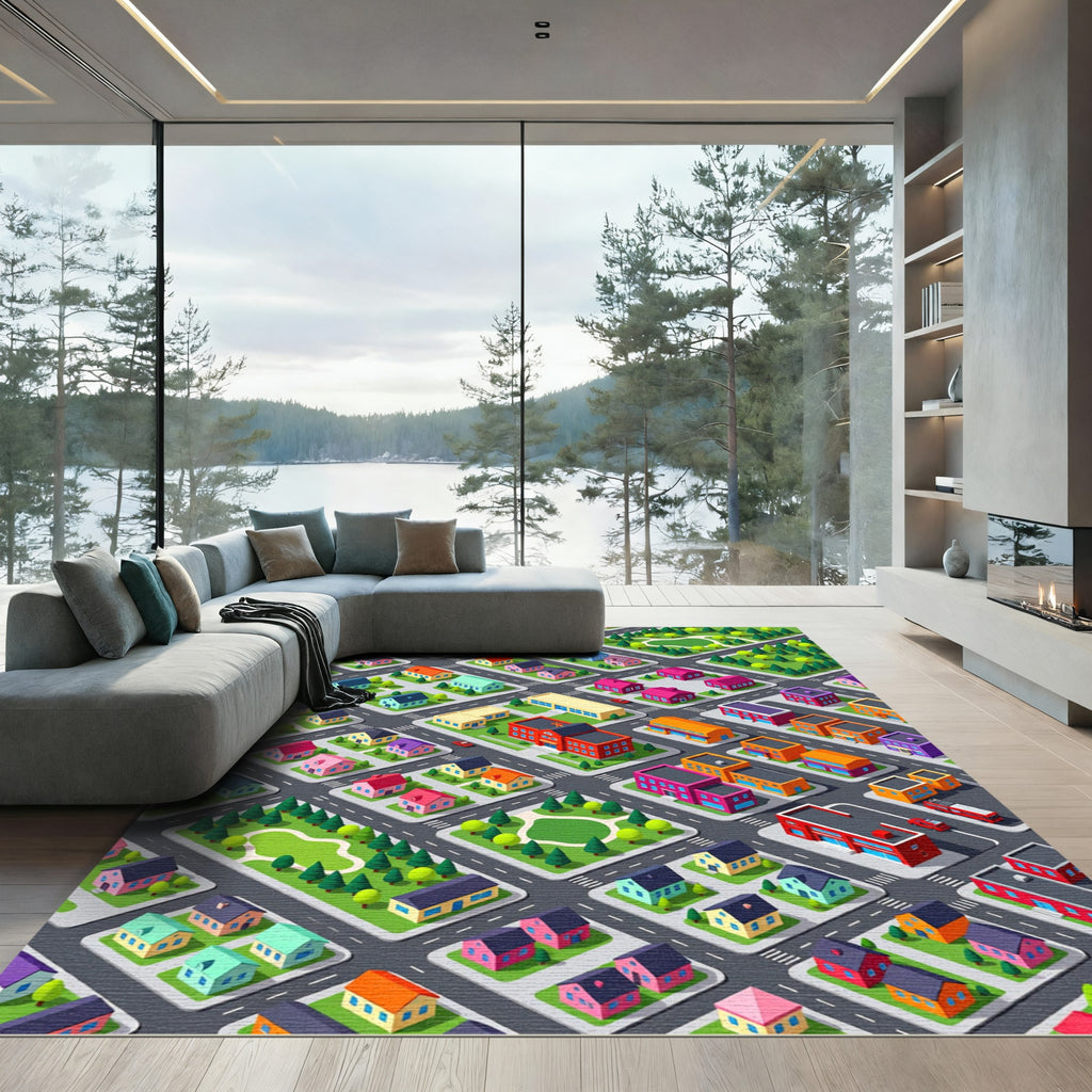 Isometric Colorful Village Street Map Grid Rug