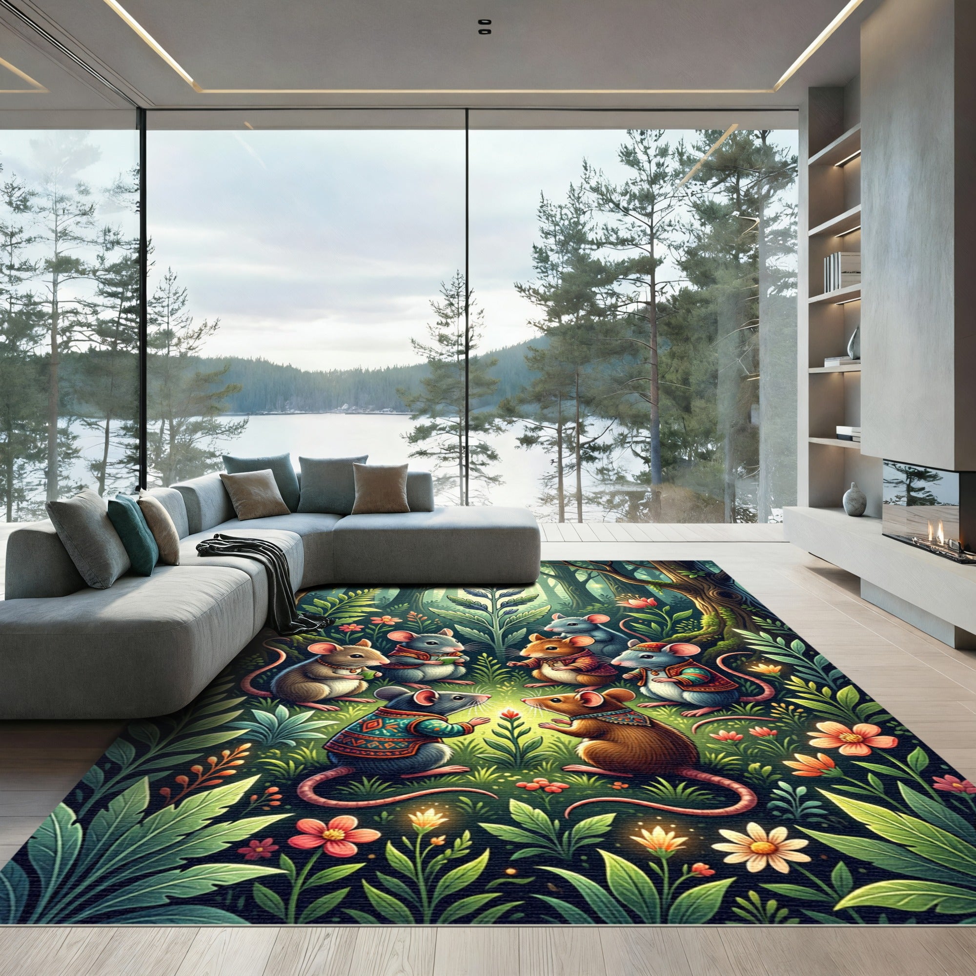 Whimsical Forest Mice Woodland Enchanted Meadow Rug