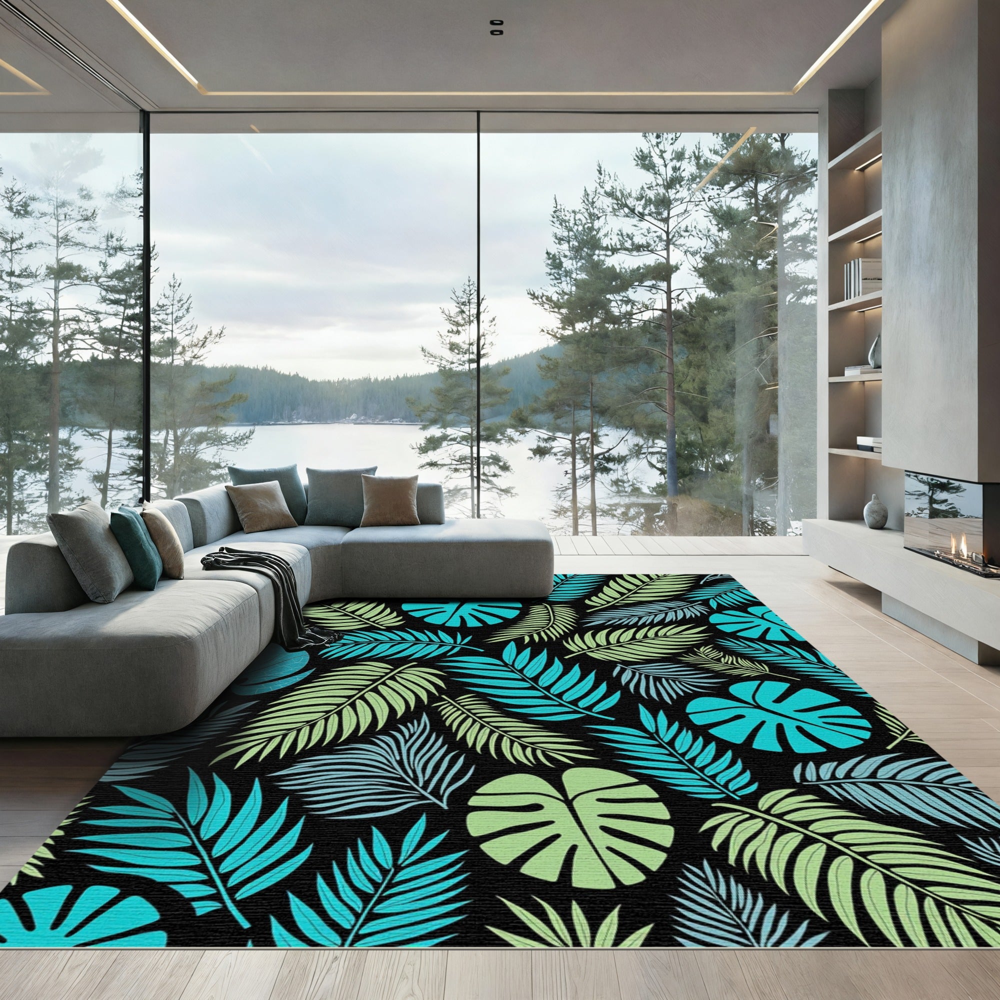 Tropical Fern Leaf Teal Green Rug