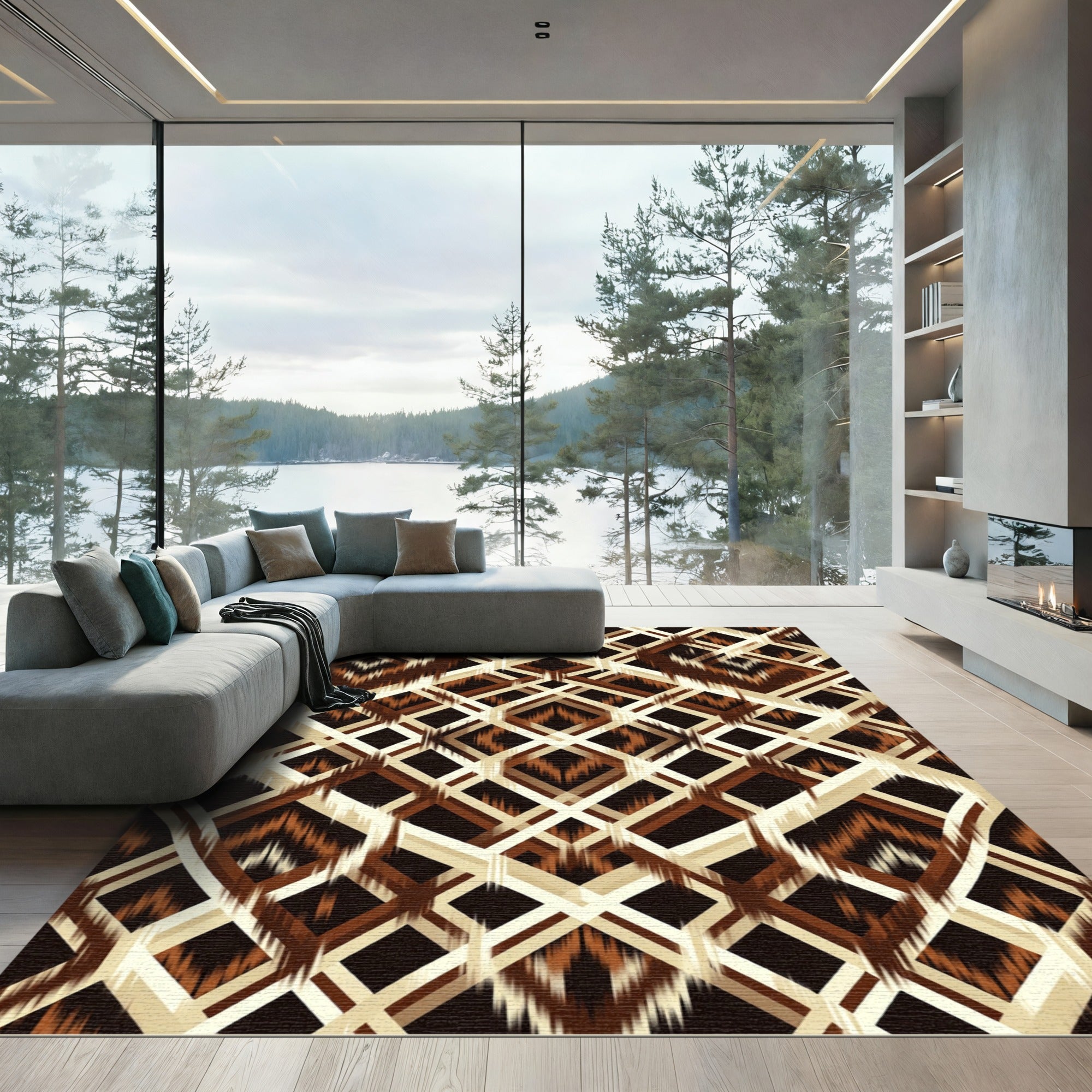 Brown Beige Diamond Ikat Overlay Rug