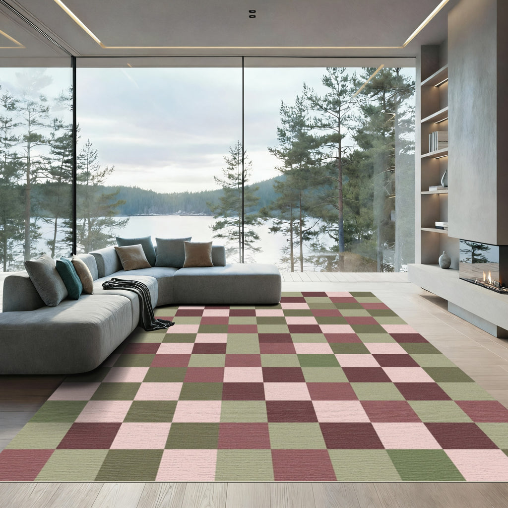 Muted Sage Rose Checkerboard Squares Rug