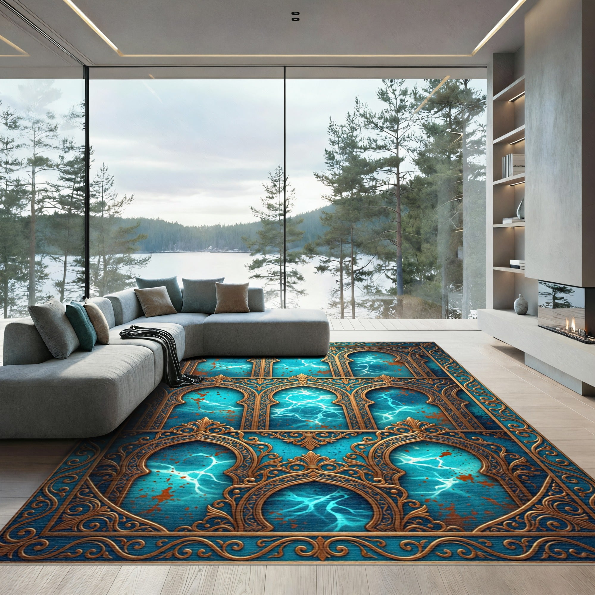 Ornate Arched Gold Water Teal Artwork Rug