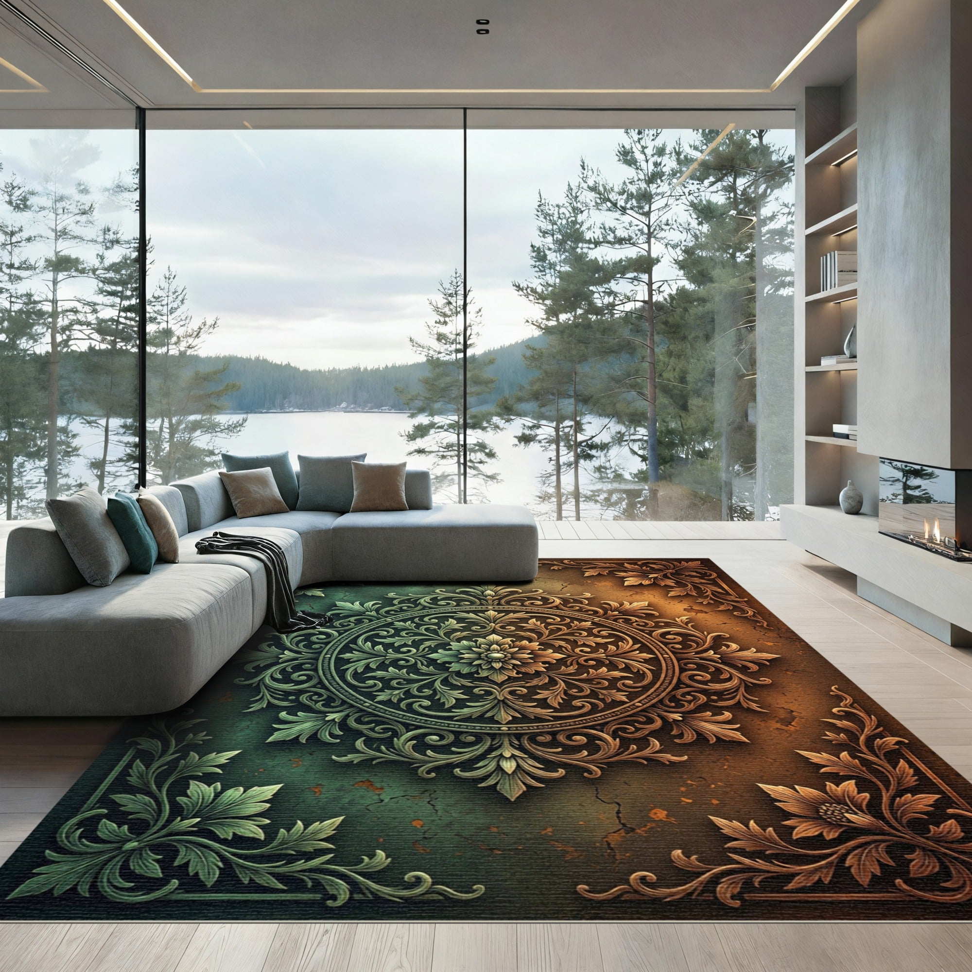 Dual Tone Ornate Floral Damask Circle Rug