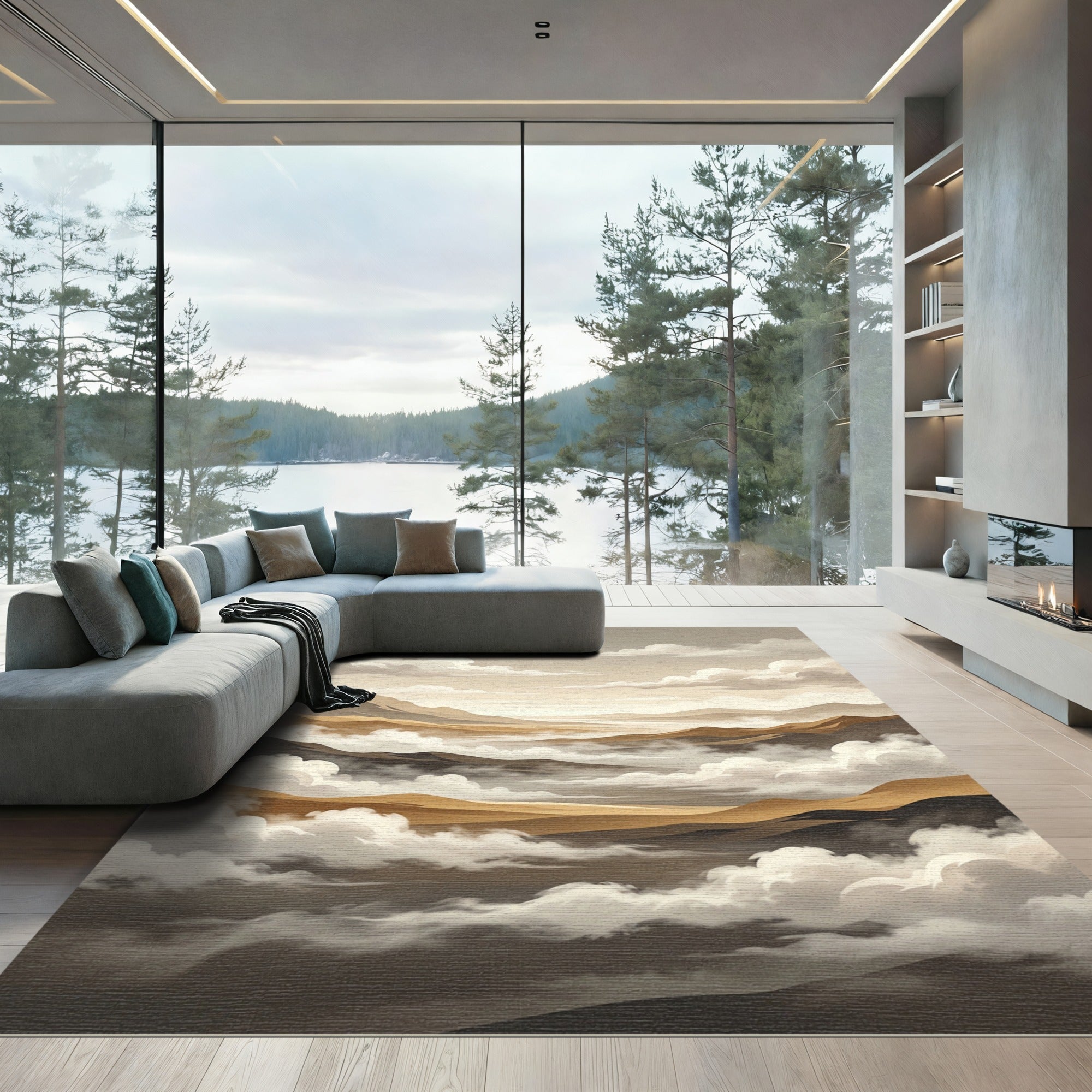 Ethereal Misty Mountain Landscape Rug