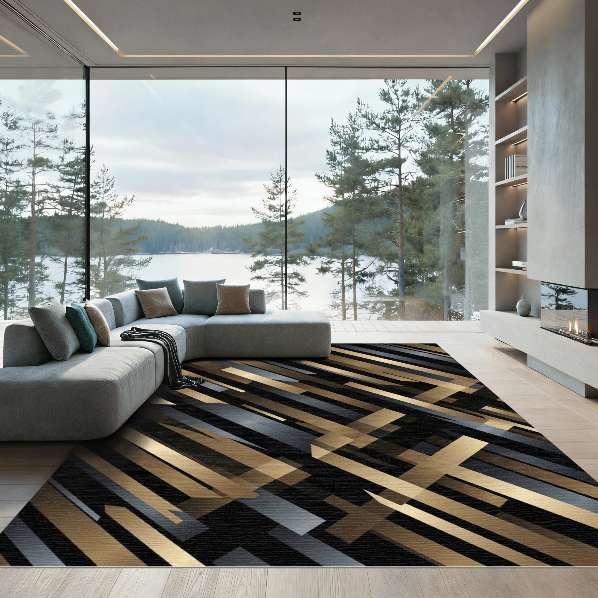 Modern Gold Gray Diagonal Stripes Rug