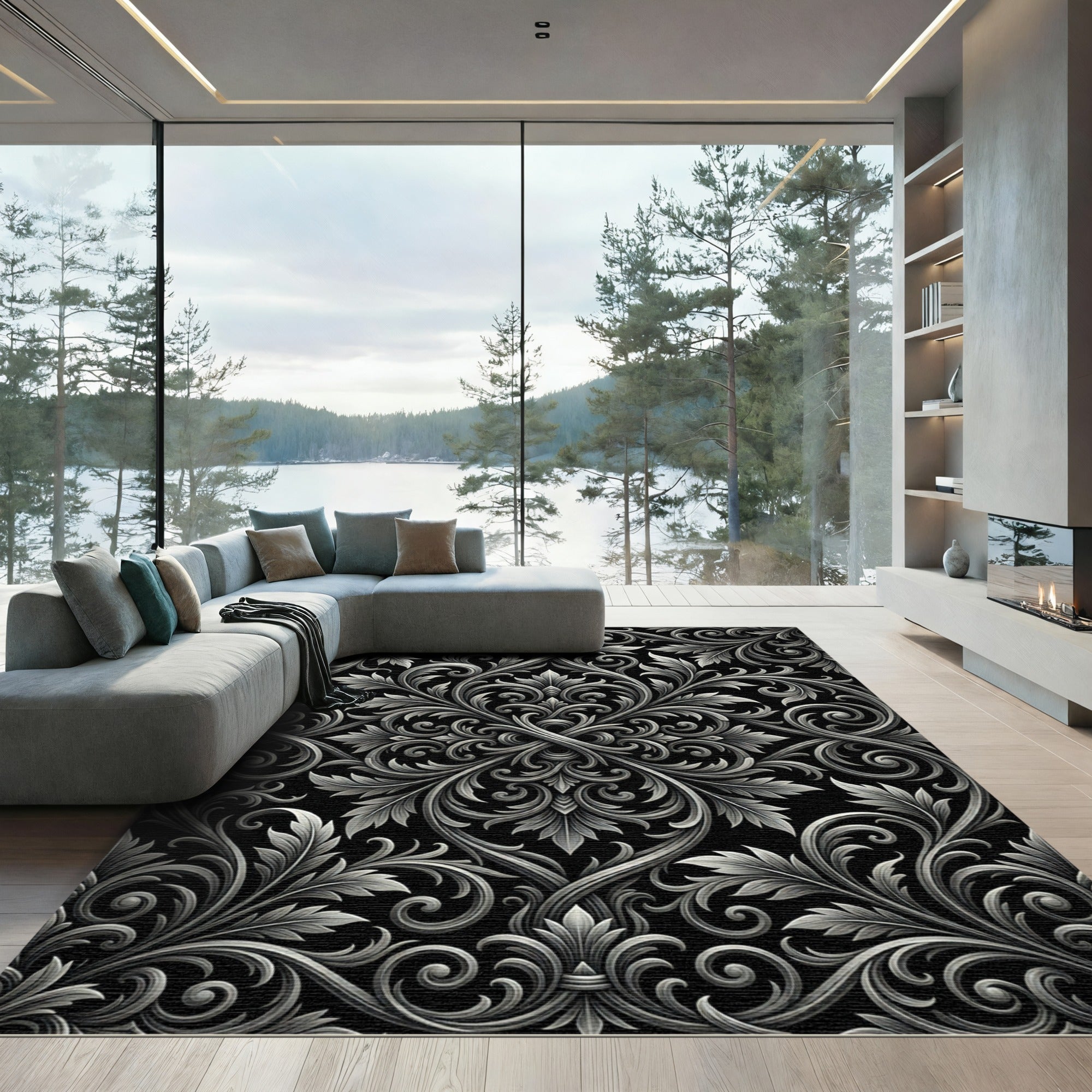 Ornate Floral Scrollwork Silver Rug