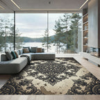 Ornate Charcoal Floral Damask Medallion Rug