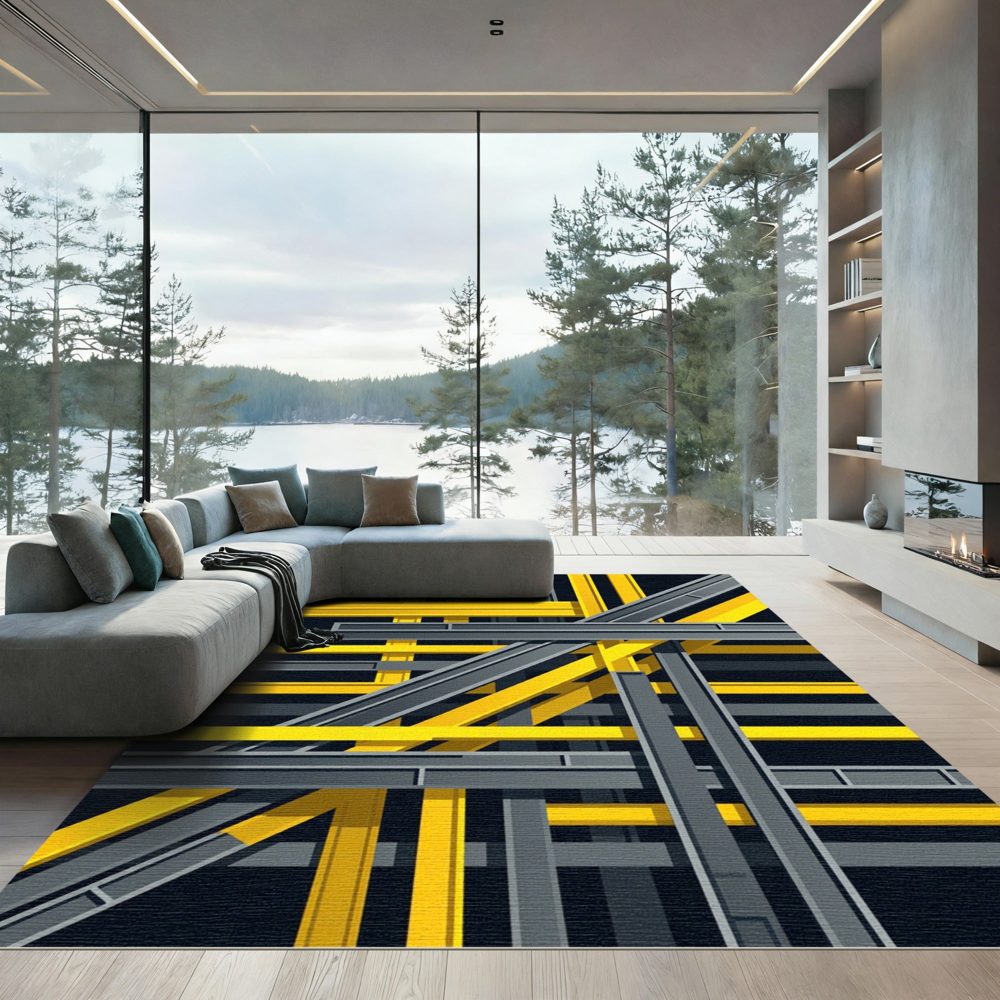 Modern Geometric Yellow Gray Intersecting Beams Rug