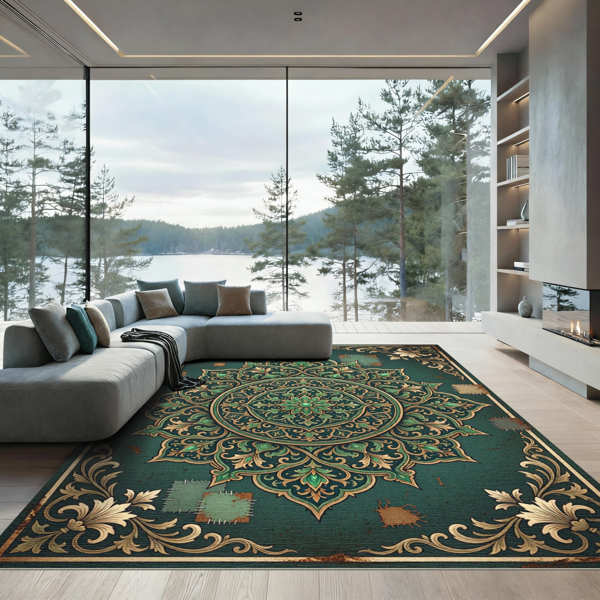Emerald Ornate Floral Medallion Distressed Tapestry Rug
