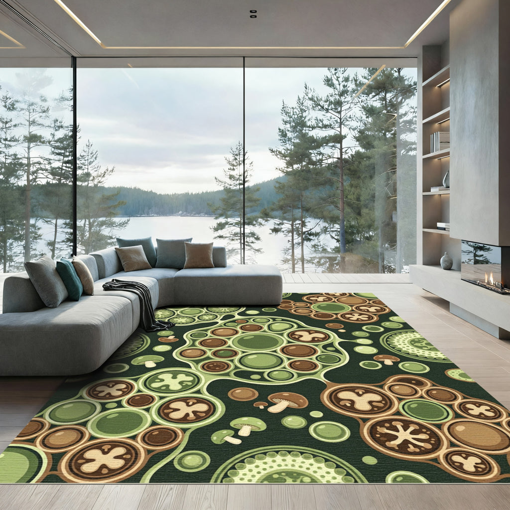 Earthy Green Brown Mushroom Clusters Rug