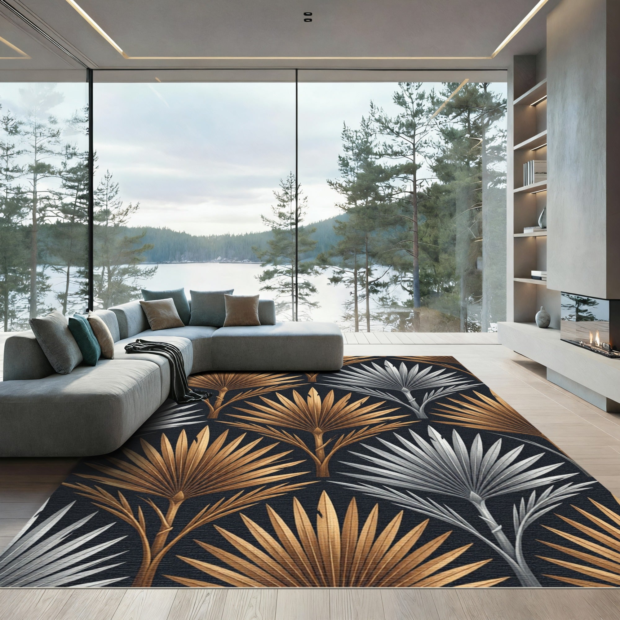 Art Deco Metallic Gold Silver Palm Rug
