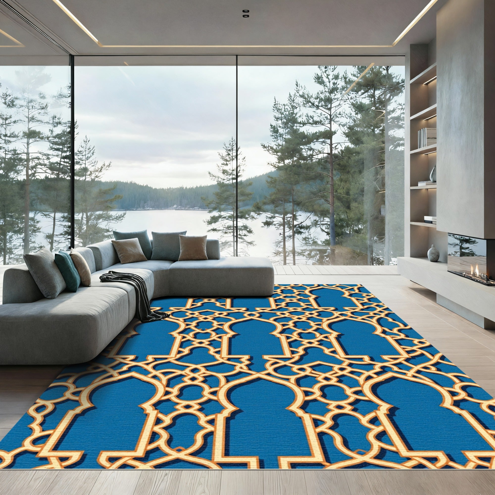 Golden Lattice Arch In Royal Blue Rug