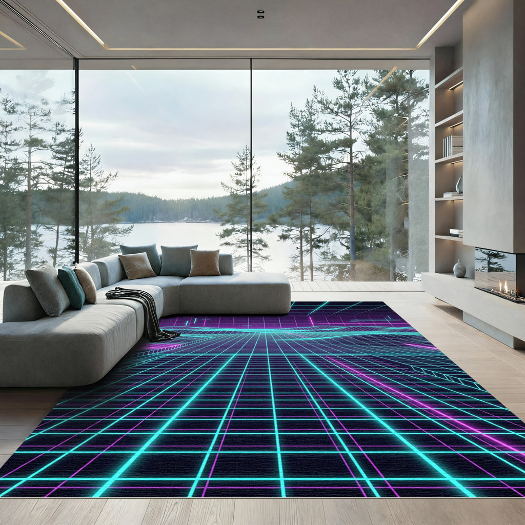 Neon Retro Grid Cyber Landscape Rug