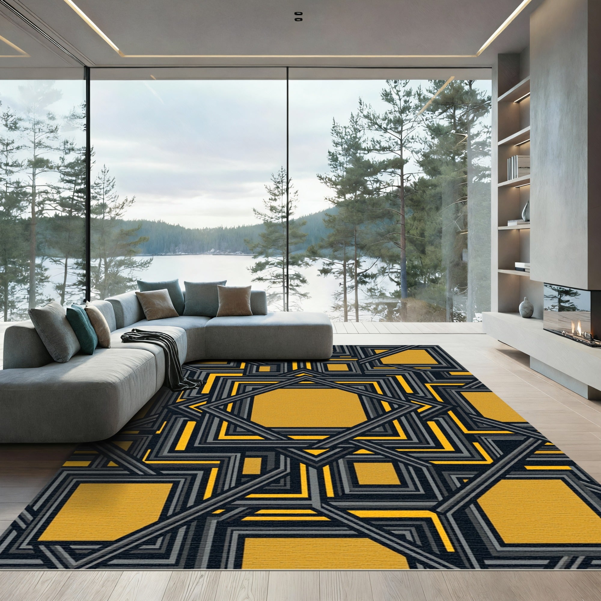 Geometric Ochre Interlocking Squares Rug