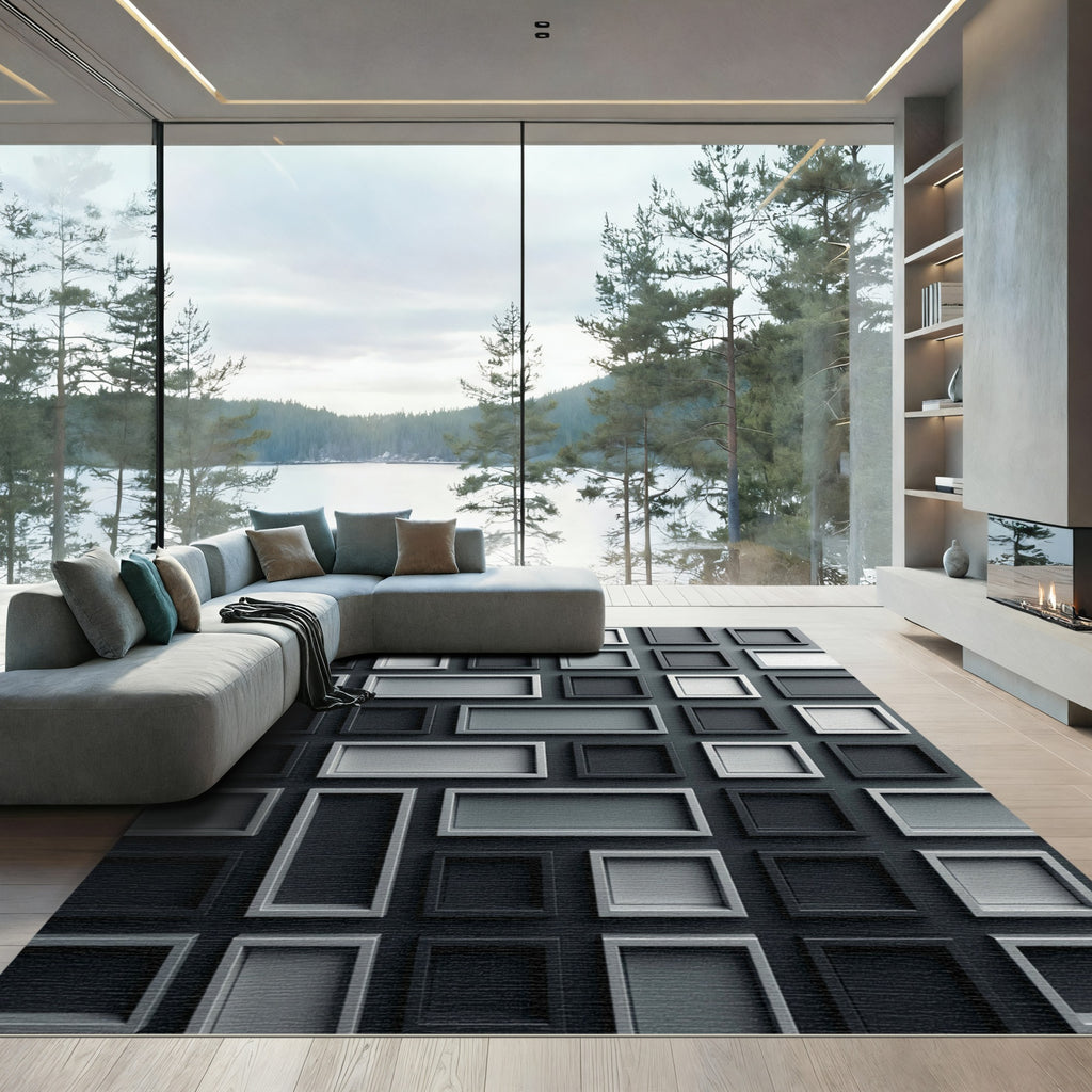 Monochromatic Geometric Grid Block Relief Rug