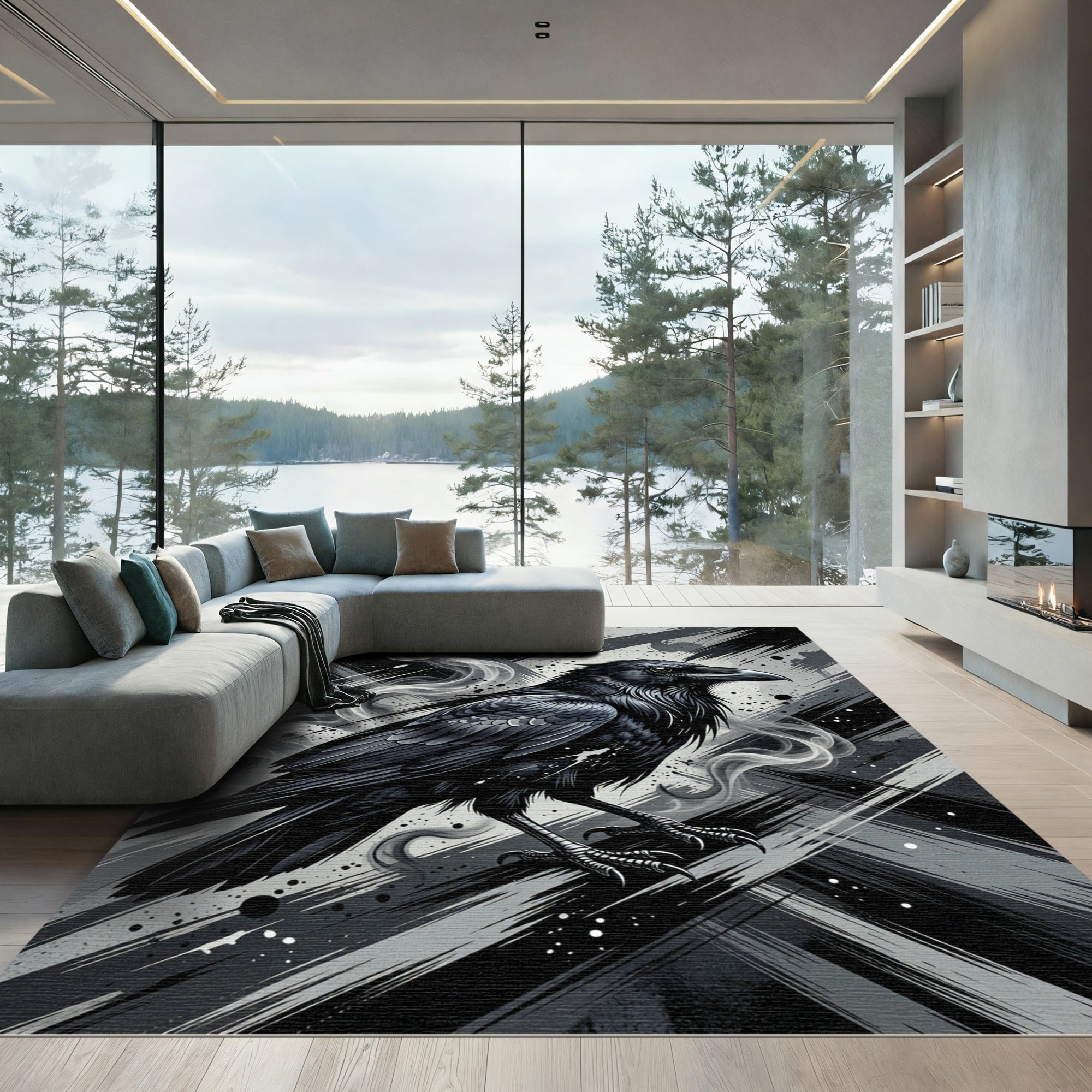 Dark Raven Smoke Brushstroke Art Rug
