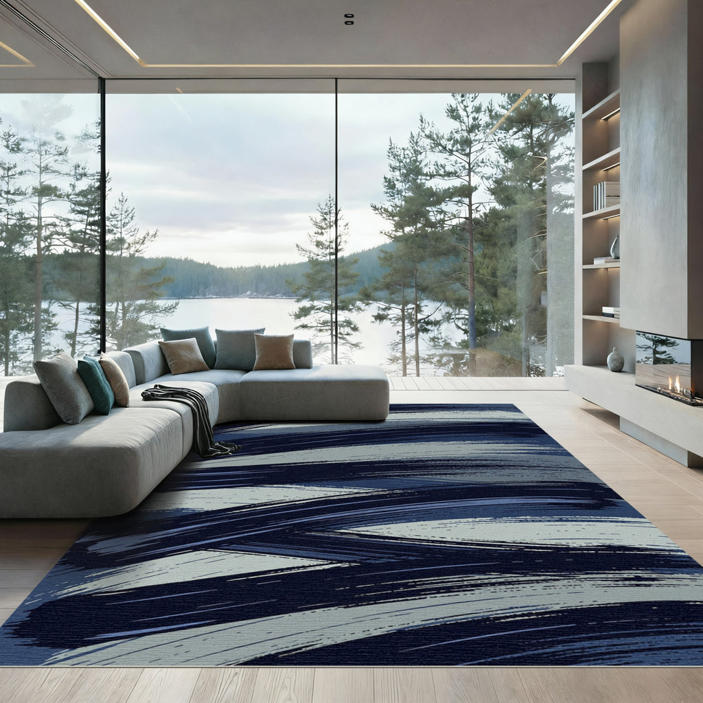 Deep Navy Blue Brush Stroke Rug