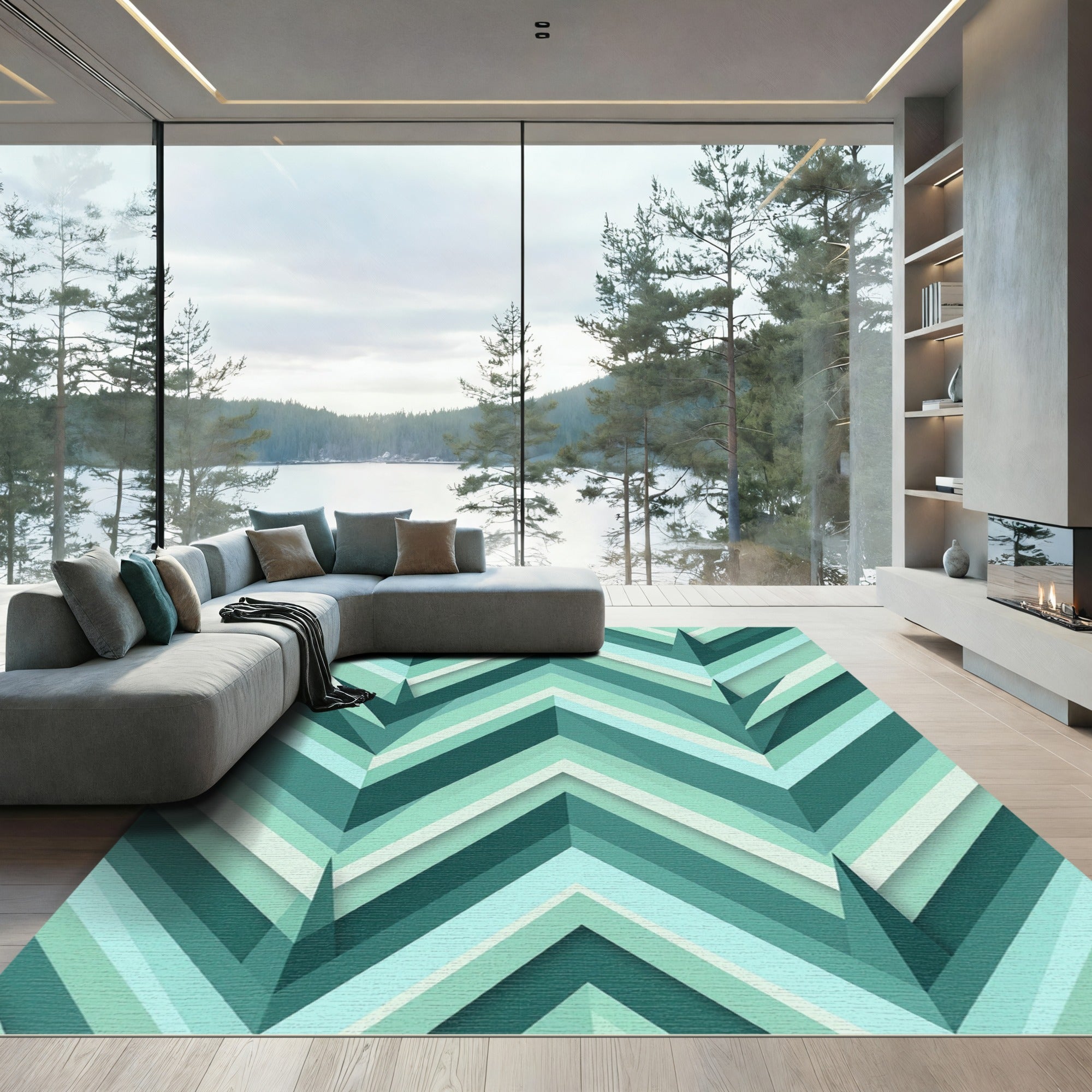 Teal Chevron Layered Geometric Rug