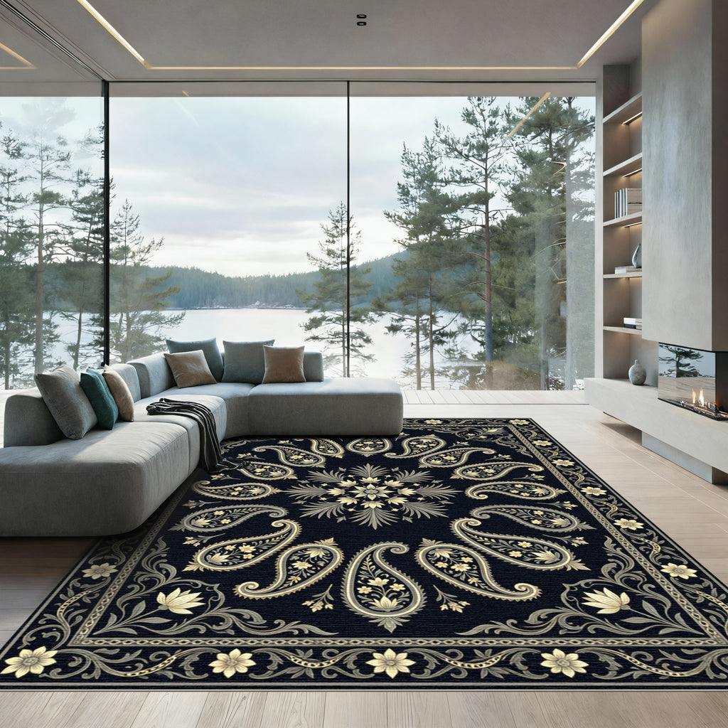 Classic Black Paisley Floral Border Rug