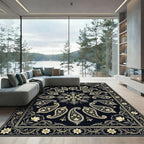 Classic Black Paisley Floral Border Rug