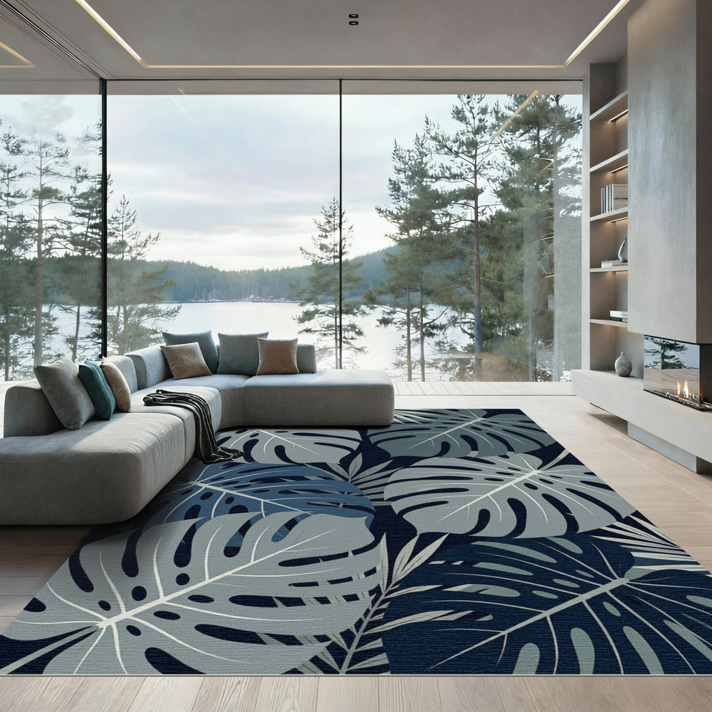 Tropical Monstera Leaf Navy Foliage Rug