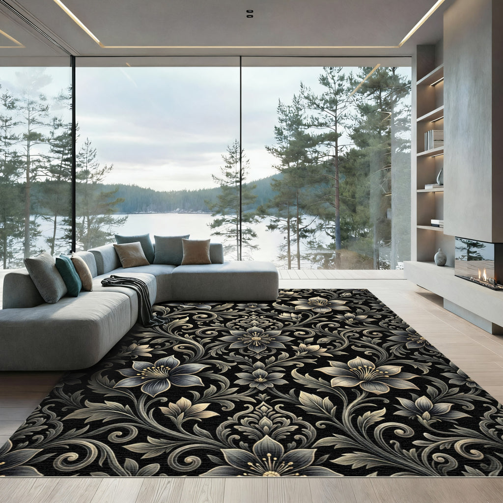 Ornate Black Floral Damask Rug